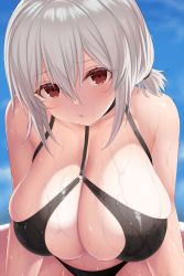 Rule 34 | 1girl, absurdres, asamura hiori, azur lane, bare shoulders, bikini, black bikini, blue sky, blush, breasts, cleavage, collarbone, day, hair between eyes, highres, huge breasts, leaning forward, looking at viewer, low twintails, o-ring, o-ring bikini, official alternate costume, outdoors, red eyes, short hair, short twintails, sidelocks, sirius (azur lane), sirius (scorching-hot seirios) (azur lane), sky, solo, swimsuit, twintails, wet, white hair