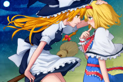 Rule 34 | 2girls, alice margatroid, bad id, bad pixiv id, blonde hair, blush, broom, broom riding, brown eyes, dress, eye contact, female focus, finger to face, finger to mouth, hand on another&#039;s head, hat, hattori masaki, kirisame marisa, long hair, looking at another, multiple girls, night, night sky, orange hair, sidesaddle, sky, touhou, witch, witch hat, yuri