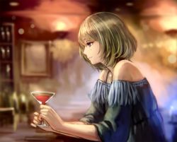 Rule 34 | 10s, 1girl, alcohol, anbe yoshirou, bar (place), bare shoulders, blue eyes, blurry, bottle, brown hair, closed mouth, cocktail glass, cup, depth of field, drinking glass, eyelashes, framed, fringe trim, from side, glass, holding, holding cup, holding drinking glass, idolmaster, idolmaster cinderella girls, indoors, lamp, mole, mole under eye, off shoulder, picture frame, profile, short hair, sleeves past elbows, smile, solo, takagaki kaede, wide sleeves, wine