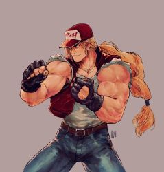 Rule 34 | 1990s (style), 1boy, baseball cap, biceps, black gloves, blonde hair, blue eyes, clenched hands, david liu, denim, fatal fury, fighting stance, fingerless gloves, gloves, grin, hat, highres, jeans, long hair, low-tied long hair, low ponytail, male focus, manly, muscular, pants, retro artstyle, shirt, sleeveless, smile, snk, solo, tank top, terry bogard, the king of fighters, veins, vest, white shirt