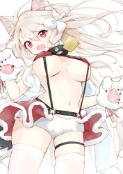 Rule 34 | 1girl, ahoge, animal ears, animal hands, azur lane, bell, braid, breasts, collar, commentary request, from below, gloves, grey hair, hair between eyes, head tilt, highres, long hair, looking at viewer, medium breasts, navel, neck bell, official alternate costume, paw gloves, red eyes, short shorts, shorts, sidelocks, simple background, single braid, solo, stomach, suspenders, tail, thick eyebrows, thighhighs, thighlet, two side up, underboob, waguri-rate, white background, white shorts, white thighhighs, wolf ears, wolf tail, yuudachi (azur lane), yuudachi (woofy floofy christmas night) (azur lane)