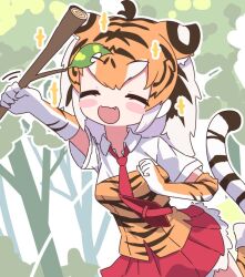 Rule 34 | 1girl, animal ears, animal print, arm up, black hair, blush stickers, chibi, closed eyes, collared shirt, colored inner hair, cowboy shot, day, elbow gloves, fang, gloves, hand up, happy, holding, holding stick, kemono friends, medium hair, miniskirt, multicolored clothes, multicolored hair, multicolored shirt, necktie, open mouth, orange hair, outdoors, outline, outstretched arm, pleated skirt, print gloves, print shirt, red necktie, red skirt, running, sarutori, shirt, short sleeves, skirt, smile, solo, stick, sumatran tiger (kemono friends), tail, tiger ears, tiger girl, tiger print, tiger tail, white hair, white outline, wing collar