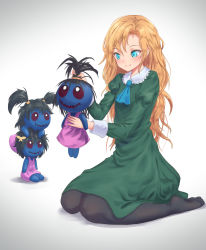 Rule 34 | 1girl, ascot, black pantyhose, blonde hair, blue ascot, blue eyes, commentary request, doll, doll (ib), dress, full body, gradient background, green dress, grey background, hair between eyes, holding, holding doll, ib (kouri), juliet sleeves, long hair, long sleeves, mary (ib), no shoes, pantyhose, pink dress, puffy sleeves, roke (taikodon), shadow, sitting, smile, solo, twintails, wariza, white background