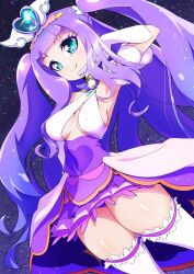Rule 34 | 1girl, adapted costume, aqua eyes, breasts, brooch, closed mouth, cure majesty, dress, dutch angle, elbow gloves, ellee-chan, gloves, half-dress, halterneck, hand in own hair, highres, hirogaru sky! precure, jewelry, long hair, looking at viewer, magical girl, medium breasts, microdress, microskirt, panties, pantyshot, pleated skirt, precure, purple dress, purple hair, purple panties, ryuuta (cure ryuuta), skirt, smile, solo, sparkle, standing, star (symbol), starry background, thighhighs, two side up, underwear, very long hair, white gloves, white thighhighs, wing brooch, wing hair ornament