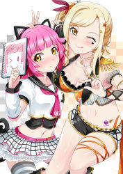Rule 34 | &gt; o, 2girls, 3:, ;q, animal ear headphones, animal ears, arm strap, armpits, bikini, black footwear, black sailor collar, black shorts, blonde hair, blunt bangs, blush, boots, braid, breasts, bunji, cat ear headphones, cat tail, checkered background, choker, cleavage, collarbone, commentary request, cowboy shot, detached sleeves, drawing, epaulettes, facial mark, fake animal ears, fake tail, feather hair ornament, grey legwear, hair ornament, hand on another&#039;s head, hands up, headphones, height difference, highleg, highleg bikini, highres, holding, holding notebook, idol, jewelry, knee boots, large breasts, looking at viewer, love live!, love live! nijigasaki high school idol club, love live! school idol festival, love live! school idol festival all stars, meccha going!!, midriff, miyashita ai, multiple girls, multiple rings, nail polish, navel, neckerchief, nose blush, notebook, one eye closed, open clothes, open vest, orange bikini, orange nails, pink hair, pink neckerchief, plaid, plaid skirt, ring, sailor collar, school uniform, serafuku, short hair, short shorts, short sleeves, shorts, side braid, side ponytail, sidelocks, skirt, small breasts, smile, star (symbol), star hair ornament, stomach tattoo, striped clothes, striped legwear, striped thighhighs, swimsuit, tail, tattoo, tennoji rina, thigh strap, thighhighs, tongue, tongue out, v, vest, white legwear, white serafuku, white skirt, white sleeves, white vest, yellow eyes, zettai ryouiki