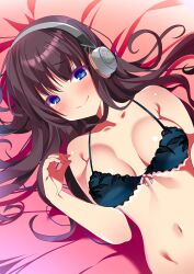 Rule 34 | 1girl, absurdres, azur lane, bare shoulders, black hair, blue bra, blue eyes, blush, bra, breasts, closed mouth, collarbone, from above, headphones, highres, lace, lace-trimmed bra, lace trim, lingerie, long hair, long island (azur lane), looking at viewer, lying, manjuu (azur lane), medium breasts, navel, on back, on bed, origami aya, signature, smile, solo, stomach, underwear