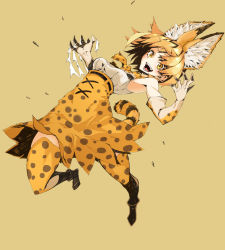 Rule 34 | 10s, 1girl, animal ears, armpits, bad id, bad pixiv id, bare shoulders, bow, bowtie, claws, elbow gloves, eyelashes, fur, gloves, highres, kemono friends, looking at viewer, medium hair, nayutarou (nyt kag), open mouth, serval (kemono friends), serval print, serval tail, simple background, solo, tail, thighhighs, yellow eyes