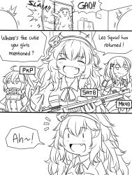 Rule 34 | 3girls, :d, crossover, english text, fabarm sat-8, fang, girls&#039; frontline, goggles, goggles around neck, greyscale, guin guin, gun, hair ornament, headband, kantai collection, mk48 (girls&#039; frontline), monochrome, multiple girls, open mouth, opening door, pkp (girls&#039; frontline), s.a.t.8 (girls&#039; frontline), semi-automatic firearm, semi-automatic shotgun, shotgun, slamming door, sleeveless, smile, surprised, tagme, weapon