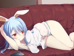 Rule 34 | 1girl, amagasa nadame, animal ear fluff, animal ears, blue hair, blush, cellphone, closed mouth, couch, don-chan (usada pekora), feet out of frame, hair between eyes, hair down, hololive, indoors, long hair, long sleeves, looking away, lying, no pants, on couch, on side, panties, phone, rabbit-shaped pupils, rabbit ears, red eyes, shirt, short eyebrows, striped clothes, striped panties, symbol-shaped pupils, thick eyebrows, underwear, usada pekora, virtual youtuber, white shirt, wide sleeves