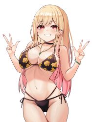 Rule 34 | 1girl, absurdres, bikini, black bikini, blonde hair, blush, breasts, commentary, double v, ear piercing, earrings, fingernails, floral print, gradient hair, halterneck, hands up, highres, jewelry, kano (wi3028), kitagawa marin, large breasts, long hair, looking at viewer, multicolored hair, navel, parted lips, pendant, piercing, pink hair, print bikini, red eyes, side-tie bikini bottom, simple background, smile, solo, sono bisque doll wa koi wo suru, stomach, string bikini, swimsuit, thigh gap, v, white background