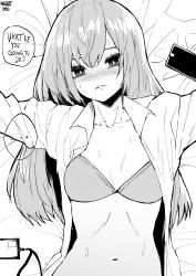 Rule 34 | ..., 1girl, absurdres, aliasing, blush, bra, breasts, cellphone, commentary, english commentary, english text, greyscale, highres, id card, long hair, looking at viewer, lying, melissa renata, monochrome, navel, norman maggot, nose blush, on back, open clothes, open shirt, original, petite, phone, pov, pushing down, small breasts, smartphone, solo, speech bubble, spoken ellipsis, strapless, strapless bra, sweat, underwear, upper body