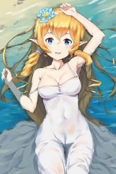 Rule 34 | 1girl, :d, arm up, blonde hair, braid, breasts, cokio, collarbone, covered navel, dress, elf, flower, hair between eyes, hair flower, hair ornament, hand up, highres, jewelry, looking at viewer, lying, medium breasts, ocean, on back, open mouth, original, pointy ears, ring, see-through, skirt, smile, solo, strap slip, twin braids, wakamezake, wet, wet clothes, white dress