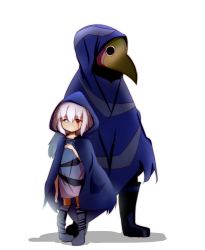 Rule 34 | 1girl, absurdres, ambiguous gender, black footwear, blue cape, blue dress, boots, cape, closed mouth, commentary request, dress, grey eyes, hair between eyes, heterochromia, highres, hood, hood up, hooded cape, idaten93, original, plague doctor mask, red eyes, standing, white background, white hair