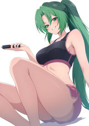 1girl absurdres black_sports_bra breasts clenched_teeth commentary_request green_eyes green_hair highres higurashi_no_naku_koro_ni holding long_hair looking_at_viewer medium_breasts nishizuki_shino pink_shorts ponytail short_shorts shorts simple_background sitting smile solo sonozaki_mion sports_bra teeth thighs white_background