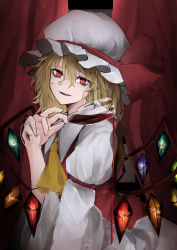 Rule 34 | 1girl, absurdres, ambiguous red liquid, ascot, blonde hair, collared shirt, cowboy shot, crystal, cup, curtains, drinking glass, dripping, fangs, flandre scarlet, glowing, hair between eyes, hand up, hat, hat ribbon, highres, hisha (kan moko), juliet sleeves, long sleeves, looking at viewer, messy hair, mob cap, parted lips, puffy sleeves, rainbow order, red curtains, red eyes, red vest, ribbon, shirt, short hair, slit pupils, smile, solo, spinning, touhou, vest, white shirt, wine glass, wings, yellow ascot