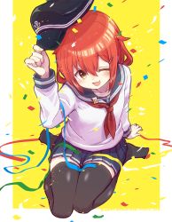 Rule 34 | 1girl, ;d, alternate hair color, anchor symbol, arm support, black thighhighs, blue skirt, brown eyes, collarbone, commentary request, confetti, fang, full body, hair ornament, hairclip, hand up, hat, highres, ikazuchi (kancolle), jewelry, kantai collection, looking at viewer, military, military uniform, naval uniform, neckerchief, no shoes, one eye closed, open mouth, peaked cap, pleated skirt, red hair, removing hat, ring, shirt, simple background, sitting, skirt, smile, solo, streamers, thighhighs, unagiman, uniform, wariza, white shirt, yellow background