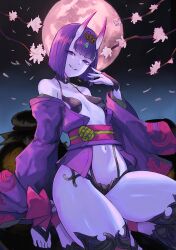 Rule 34 | 1girl, ankle ribbon, arqa, bare shoulders, barefoot sandals (jewelry), bob cut, breasts, bridal gauntlets, cherry blossoms, detached leggings, eyeliner, fate/grand order, fate (series), full body, full moon, halterneck, head tilt, headpiece, highres, horns, japanese clothes, kimono, kneeling, leg ribbon, long sleeves, looking at viewer, makeup, moon, navel, night, obi, off shoulder, oni, open clothes, open kimono, open mouth, purple eyes, purple hair, purple kimono, revealing clothes, ribbon, sash, short eyebrows, short hair, shuten douji (fate), skin-covered horns, small breasts, smile, solo, thick thighs, thighs, wide sleeves