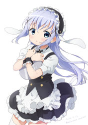 Rule 34 | absurdres, animal ears, apron, black hairband, black skirt, black vest, blue eyes, blue hair, chestnut mouth, collared shirt, commentary request, dated, fake animal ears, floppy ears, frilled apron, frilled hairband, frilled skirt, frills, gochuumon wa usagi desu ka?, hair between eyes, hair ornament, hairband, highres, kafuu chino, long hair, looking at viewer, neki (wakiko), hugging object, parted lips, puffy short sleeves, puffy sleeves, rabbit ears, shirt, short sleeves, simple background, skirt, solo, thighhighs, tray, twitter username, very long hair, vest, waist apron, white apron, white background, white shirt, white thighhighs, wrist cuffs, x hair ornament