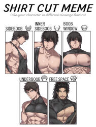 Rule 34 | 3boys, abs, absurdres, adventurer (ff14), ardbert hylfyst, bara, bare pectorals, black shirt, black tank top, blue eyes, closed mouth, clothes lift, clothing cutout, english text, facial hair, final fantasy, final fantasy xiv, hien rijin, highres, hyur, large pectorals, long hair, looking at viewer, male focus, meme, multiple boys, multiple drawing challenge, muscular, muscular male, navel, nipples, one eye closed, open mouth, pectorals, shirt, shirt cut meme, shirt lift, sidepec, smile, tank top, twitter username, underpec, upper body, warrior of light (ff14), zanki