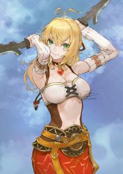 Rule 34 | 1girl, bandeau, belt, blonde hair, blue sky, breasts, brown choker, choker, cleavage, closed mouth, clothing cutout, commentary request, cross-laced clothes, detached sleeves, fadingz, fiora (xenoblade), green eyes, hair between eyes, highres, holding, holding knife, holding weapon, knife, long hair, looking at viewer, medium breasts, midriff, navel, outdoors, red skirt, signature, skirt, sky, solo, stomach cutout, weapon, white bandeau, white sleeves, xenoblade chronicles (series), xenoblade chronicles 1, xenoblade chronicles 2