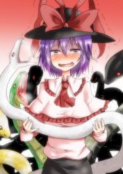 Rule 34 | 1girl, ascot, blush, capelet, fangs, female focus, forked tongue, hat, nagae iku, open mouth, purple hair, red eyes, short hair, skirt, snake, solo, takorice, tears, tongue, touhou, trembling, wavy mouth