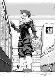 Rule 34 | 1boy, 1other, absurdres, baggy pants, basket, boku no hero academia, book, boots, commentary request, convenience store, covered mouth, cropped jacket, fishnets, from side, full body, gloves, greyscale, hair slicked back, hand up, hatching (texture), highres, holding, holding basket, holding notebook, indoors, jacket, knee boots, long scarf, looking at object, male focus, mask, monochrome, mouth mask, mutumipketto, notebook, open clothes, open jacket, pants, partial commentary, perspective, profile, refrigerator, scarf, shelf, shinsou hitoshi, shop, shopping, shopping basket, short hair, sign, signature, snack, solo focus, standing