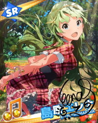 Rule 34 | 10s, 1girl, :d, beamed quavers, blue eyes, bracelet, card (medium), character name, character signature, dress, female focus, green hair, idolmaster, idolmaster million live!, jewelry, kawakami tetsuya, long hair, looking at viewer, musical note, official art, open mouth, plaid, plaid dress, shimabara elena, signature, smile, solo