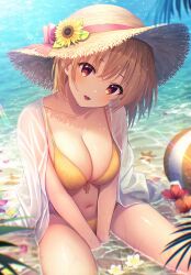 Rule 34 | 1girl, :d, ball, barefoot, beachball, between legs, bikini, blush, breasts, brown hair, brown hat, cleavage, collarbone, comiket 102, commentary request, day, fang, flower, flower on liquid, food, front-tie bikini top, front-tie top, fruit, hair between eyes, hand between legs, hat, hat flower, head tilt, highres, large breasts, long sleeves, looking at viewer, open mouth, original, outdoors, partial commentary, red eyes, red flower, revision, see-through, shallow water, shirt, shirt on shoulders, sitting, smile, solo, starfish, strawberry, sunflower, swimsuit, u rin, wariza, water, wet, wet clothes, wet shirt, white shirt, yellow bikini, yellow flower