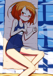 Rule 34 | 10s, 1girl, beach, blush, body blush, character name, child, clenched hand, fetal position, flat chest, from above, frown, glasses, heart, holding own arm, looking at viewer, lying, matching hair/eyes, name tag, on side, one-piece swimsuit, orange eyes, orange hair, outdoors, plaid, precure, red-framed eyewear, sad, school swimsuit, semi-rimless eyewear, shade, shadow, shirabe ako, shirono, short hair, solo, suite precure, swept bangs, swimsuit, towel, under-rim eyewear, wet, wet hair