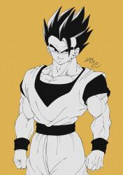 Rule 34 | absurdres, black eyes, black hair, dragon ball, happy, highres, looking at viewer, muscular, muscular male, potential unleashed, smile, son gohan, spiked hair, spot color, tagme, ultimate gohan, yellow background
