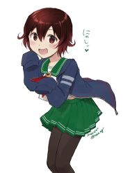 Rule 34 | 1girl, brown hair, commentary request, cowboy shot, crescent, crescent pin, gradient hair, green sailor collar, green skirt, kantai collection, looking at viewer, multicolored hair, mutsuki (kancolle), mutsuki kai ni (kancolle), nao (nao eg), neckerchief, one-hour drawing challenge, pantyhose, paw pose, pleated skirt, red hair, red neckerchief, sailor collar, school uniform, serafuku, short hair, simple background, skirt, sleeves past fingers, sleeves past wrists, solo, white background