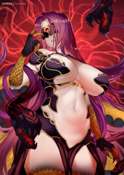 Rule 34 | 1girl, breasts, bustier, claws, domino mask, fangs, fate/grand order, fate (series), forehead, gorgon (fate), hair intakes, highres, large breasts, long hair, mask, medusa (fate), medusa (rider) (fate), monster girl, navel, parted bangs, parted lips, purple hair, red background, rider, scales, snake hair, solo, thighs, very long hair, zasshu