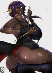 Rule 34 | 1girl, ass, black footwear, black gloves, bleach, boots, breasts, brown lips, commentary request, cosplay, dagger, dark-skinned female, dark skin, dress, dual wielding, fingerless gloves, gloves, gold hairband, hairband, high heel boots, high heels, highres, holding, holding weapon, huge breasts, impossible clothes, impossible dress, knife, looking at viewer, looking back, panties, pantyshot, parted lips, purple hair, red panties, reverse grip, shihouin yoruichi, short hair with long locks, solo, spy x family, stiletto (weapon), thick thighs, thigh boots, thighs, two-sided dress, two-sided fabric, underwear, weapon, xuuikie ashe, yellow eyes, yor briar, yor briar (cosplay)