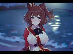 Rule 34 | 1girl, absurdres, animal ears, ass, aston machan (umamusume), beach, black bow, blurry, blurry background, blush, boris (noborhys), bow, breasts, brown hair, buttons, closed mouth, collared shirt, commentary request, crown, double-breasted, ear ornament, green eyes, hair between eyes, highres, horse ears, horse girl, jacket, large breasts, letterboxed, long sleeves, looking at viewer, medium hair, night, night sky, ocean, outdoors, ponytail, red jacket, sand, shirt, sky, smile, solo, tilted headwear, twitter username, umamusume, upper body, water