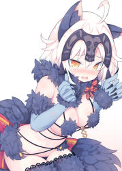 Rule 34 | 1girl, ahoge, beni shake, blue gloves, blue thighhighs, blush, breasts, cleavage, cosplay, d:, elbow gloves, fate/grand order, fate (series), fur collar, fur trim, gloves, hands up, headpiece, jeanne d&#039;arc (fate), jeanne d&#039;arc alter (avenger) (fate), jeanne d&#039;arc alter (fate), lace, lace-trimmed legwear, lace trim, large breasts, looking at viewer, mash kyrielight, mash kyrielight (dangerous beast), mash kyrielight (dangerous beast) (cosplay), navel, nose blush, o-ring, o-ring top, official alternate costume, open mouth, orange eyes, sidelocks, simple background, sitting, solo, thighhighs, thighs, tsurime, white background, white hair