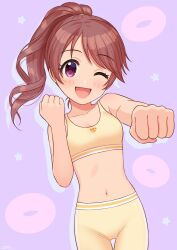 Rule 34 | 1girl, adidas, breasts, brown hair, child, clenched hand, collarbone, commentary, doughnut background, hand up, highres, idolmaster, idolmaster cinderella girls, leggings, light blush, long hair, looking at viewer, navel, one eye closed, open mouth, ponytail, punching, purple background, purple eyes, shiina noriko, small breasts, smile, solo, sports bra, sportswear, star (symbol), stomach, thighs, underwear, wgm oekaki, yellow leggings, yellow sports bra