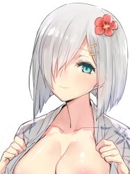 Rule 34 | 1girl, aqua eyes, areola slip, battle koala, blush, breasts, cleavage, collarbone, flower, grey hair, hair flower, hair ornament, hairclip, hamakaze (kancolle), japanese clothes, kantai collection, kimono, large breasts, looking at viewer, open clothes, red flower, short hair, simple background, smile, solo, upper body, white background, yukata