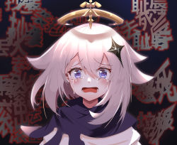 Rule 34 | 1girl, absurdres, blue eyes, blush, cape, crying, crying with eyes open, dress, genshin impact, hair between eyes, hair ornament, halo, highres, huge filesize, looking at viewer, open mouth, paimon (genshin impact), scarf, short hair, tearing up, tears, text focus, white dress, white hair, zhongwu chahui