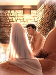 Rule 34 | 2boys, adam&#039;s apple, bara, blush, brick wall, constricted pupils, erection under towel, excessive pubic hair, facial hair, foreshortening, from below, girthy penis, highres, male focus, male pubic hair, multiple boys, muscular, muscular male, original, penis, penis awe, penis focus, pubic hair, sanpaku, sauna, see-through silhouette, short hair, sideburns stubble, sideways glance, solo focus, sparse navel hair, stubble, sweat, tepen (tptptpn), thick eyebrows, very sweaty, yaoi