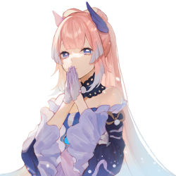 Rule 34 | 1girl, bare shoulders, commentary, genshin impact, gloves, hair ornament, hands up, highres, hsteetee, japanese clothes, long sleeves, looking at viewer, own hands together, pink hair, purple eyes, sangonomiya kokomi, simple background, solo, upper body, white background, white gloves, wide sleeves