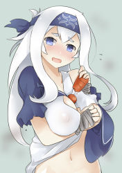 Rule 34 | 10s, 1girl, bandages, bandana, between breasts, blue eyes, blush, breasts, carrot, dress, covered erect nipples, full-face blush, kamoi (kancolle), kantai collection, large breasts, long hair, looking at viewer, naik, navel, open mouth, sideboob, solo, upper body, white hair
