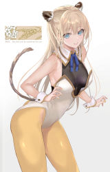 1girl animal_ears ass blonde_hair blue_eyes breasts cat_ears cat_girl cat_tail chinese_zodiac cleavage collar commentary_request happy_new_year highres leaning_forward leotard mexif neck_ribbon new_year original pantyhose ribbon shiny_clothes skin_tight skindentation small_breasts smile solo tail year_of_the_tiger yellow_pantyhose