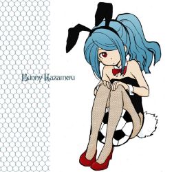 Rule 34 | 1boy, animal ears, blue hair, crossdressing, english text, fake animal ears, fishnets, frown, full body, hair over one eye, high heels, inazuma eleven, inazuma eleven (series), kazemaru ichirouta, long hair, male focus, pantyhose, playboy bunny, ponytail, rabbit ears, rabbit tail, red eyes, shoes, sitting, soccer, solo, tail, trap