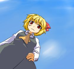 Rule 34 | 1girl, ascot, blonde hair, dirty, dress, female focus, from below, hand on own hip, hihachi, hip focus, looking down, red eyes, rumia, short hair, solo, touhou