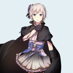Rule 34 | 10s, 1girl, anastasia (idolmaster), black cape, black gloves, blue background, blue eyes, cape, earrings, gloves, highres, idolmaster, idolmaster cinderella girls, japanese clothes, jewelry, kimono, kimono skirt, looking at viewer, pclbang, short hair, silver hair, solo