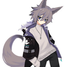 Rule 34 | 1boy, animal ears, black jacket, fur trim, ghost (tama), grey eyes, hands in pocket, highres, jacket, leaning back, looking down, male focus, original, red hair, solo, tail, white background, wolf boy, wolf ears, wolf tail