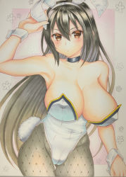 Rule 34 | 1girl, absurdres, black choker, blush, breasts, brown eyes, choker, cleavage, contrapposto, cowboy shot, cuffs, fishnet pantyhose, fishnets, floral background, grey hair, highres, kantai collection, kumaccyo, large breasts, leotard, long hair, marker (medium), nagato (kancolle), panties, pantyhose, pink panties, playboy bunny, rabbit tail, solo, standing, tail, traditional media, underwear, white leotard