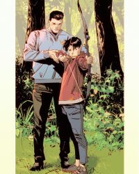 Rule 34 | 2boys, age difference, batman (series), border, bow (weapon), bruce wayne, closed mouth, commentary, dc comics, denim, english commentary, father and son, full body, grass, highres, jorge jimenez, male focus, multiple boys, nature, outdoors, pants, short hair, tim drake, training, weapon, western comics (style), white border