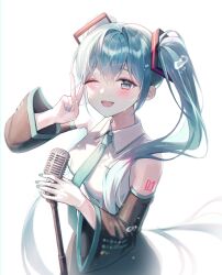 Rule 34 | 1girl, aqua eyes, aqua hair, detached sleeves, hatsune miku, highres, looking at viewer, miku day, monjja, nail polish, necktie, one eye closed, solo, twintails, vocaloid