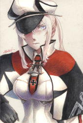 Rule 34 | 1girl, anchor symbol, beige background, black gloves, blonde hair, blue eyes, breasts, capelet, closed mouth, collared shirt, cross, gloves, graf zeppelin (kancolle), hair between eyes, hat, highres, impossible clothes, jacket, kantai collection, large breasts, long hair, looking at viewer, military, military uniform, millipen (medium), necktie, peaked cap, shirt, sidelocks, signature, simple background, solo, tesun (g noh), traditional media, tsurime, twintails, uniform, watercolor pencil (medium)